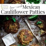 cauliflower patties photo collage with text