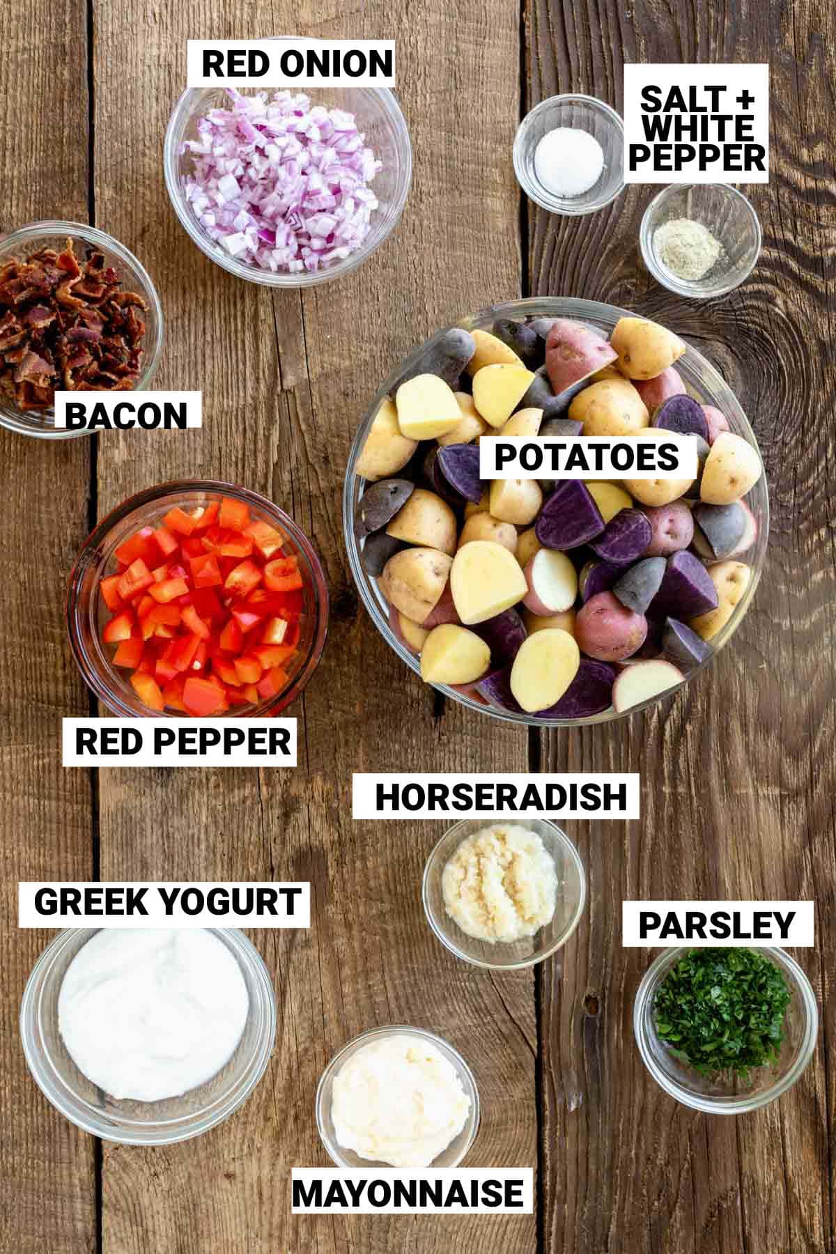 the ingredients for the potato salad on a picnic table with text overlay