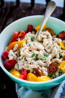Healthy greek yogurt garden macaroni salad with cheddar. This healthy take on macaroni pasta salad with cheese has loads of garden fresh vegetables in it and Vermont sharp cheddar. Bring it to your next potluck and watch it disappear in a flash plus you'll save more than 100 calories per serving!