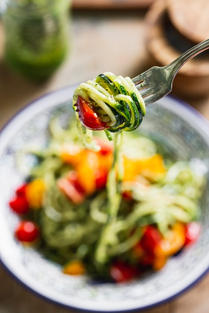 Zucchini noodles twirled on a fork