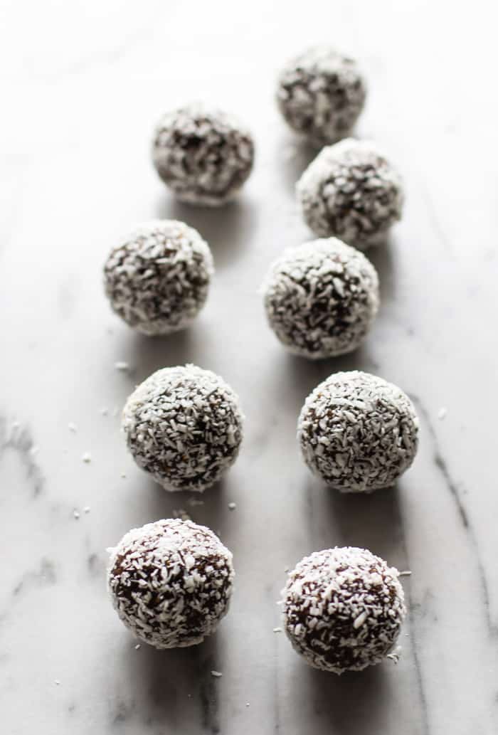 Coconut Energy Balls on a counter 