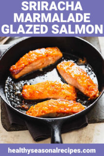 glazed salmon in a skillet with text overlay