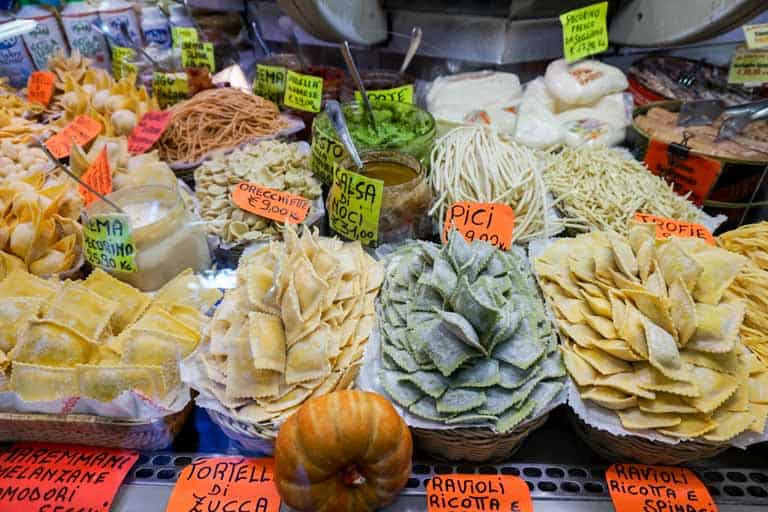 Fresh pasta at a food market in Italy 