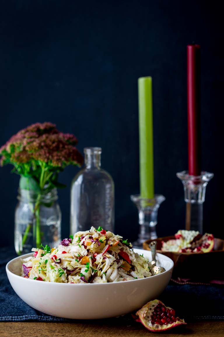 Easy Holiday Slaw with Apple and Pomegranate | Side Dish | Salad | Holiday | Vegetarian | Christmas | Winter | Healthy Seasonal Recipes | Katie Webster