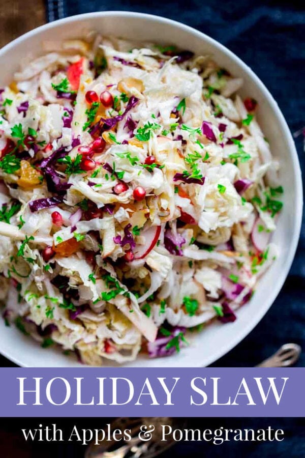 Close up holiday slaw with apples and pomegranate