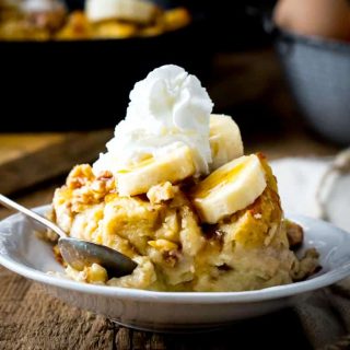 Greek Yogurt Banana Maple Bread Pudding with Walnuts | healthy seasonal recipes by Katie Webster