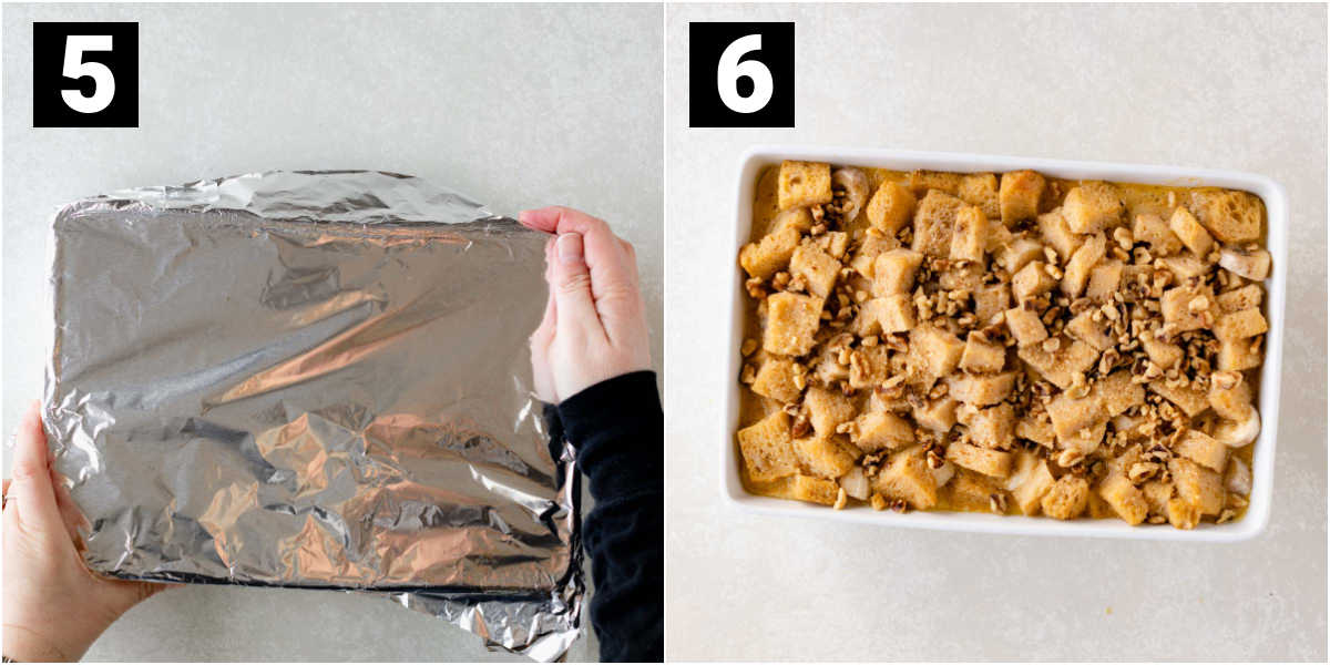 the casserole covered with foil, the baked casserole