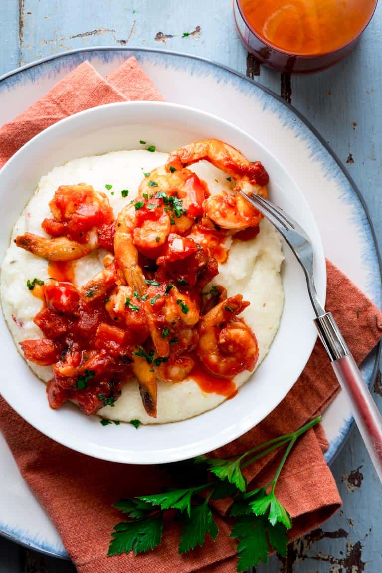 Spicy Shrimp and Cheese Grits with Tomato | Gluten Free | Entree | 20 minutes or less | Healthy Seasonal Recipes | Katie Webster