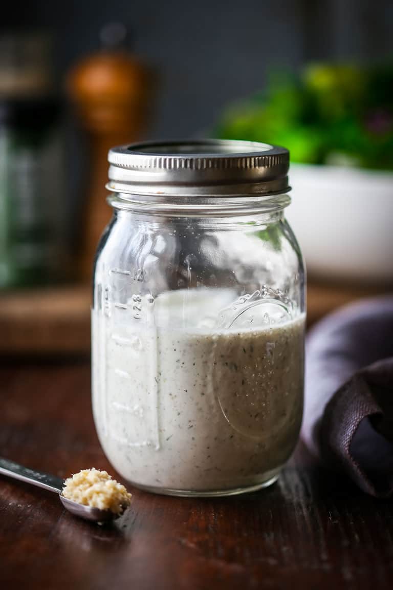 Ranch Salad Dressing made with Greek Yogurt and horseradish Naturally gluten free and only 47 calories per serving! By Katie Webster on Healthy Seasonal Recipes.