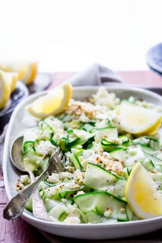 This Raw Zucchini Ribbon Salad with Hazelnuts and Feta is fresh and lovely summer salad that will use up a ton of zucchini from your garden and it’s ready in just 15 minutes! | Healthy Seasonal Recipes | Katie Webster