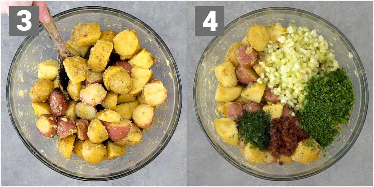 mix hot potatoes with dressing and once cool add in the herbs and veggies