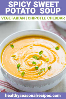 cheese and sweet potato soup closeup with text overlay