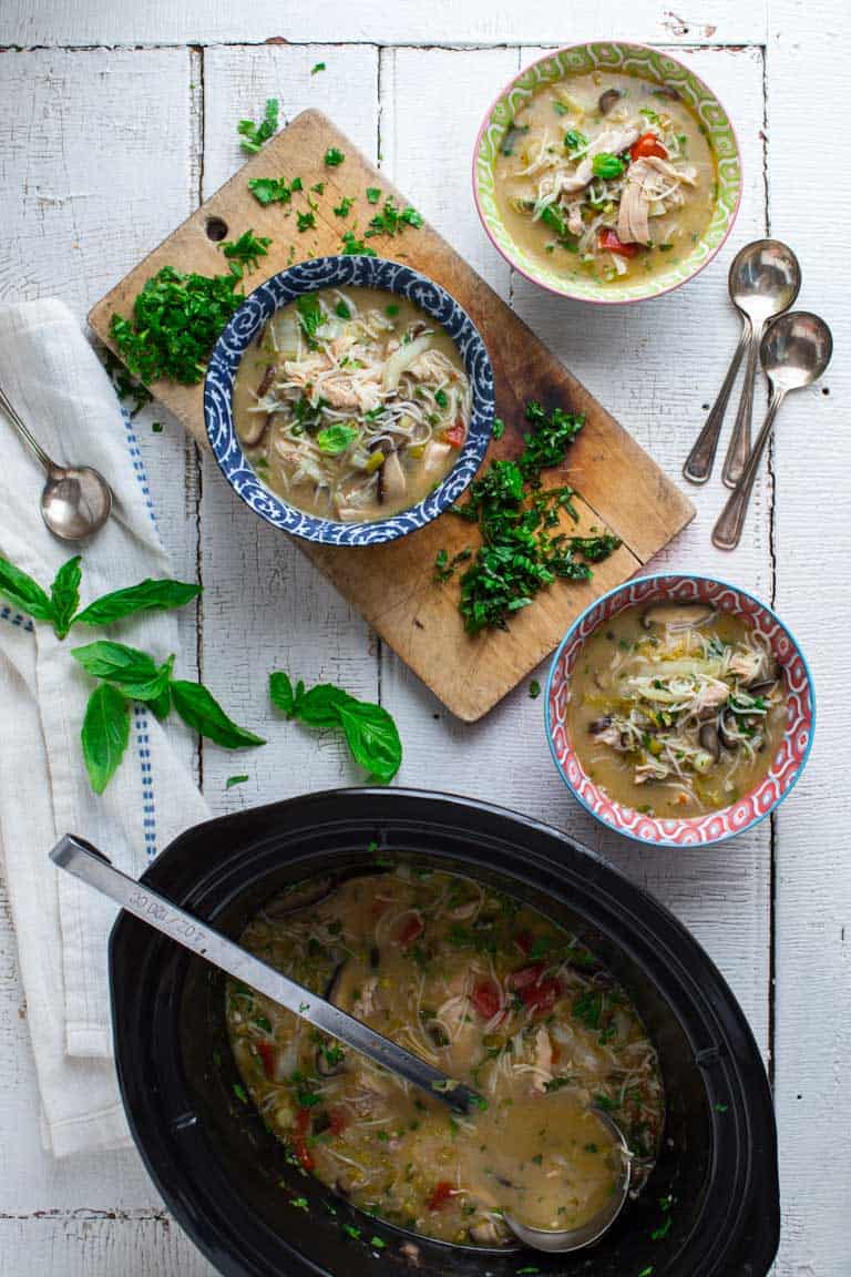 Slow Cooker Thai Chicken Coconut Soup with Rice Noodles and vegetables for a hearty easy weeknight meal on Healthy Seasonal Recipes #slowcooker #chickenrecipe #thai #glutenfree