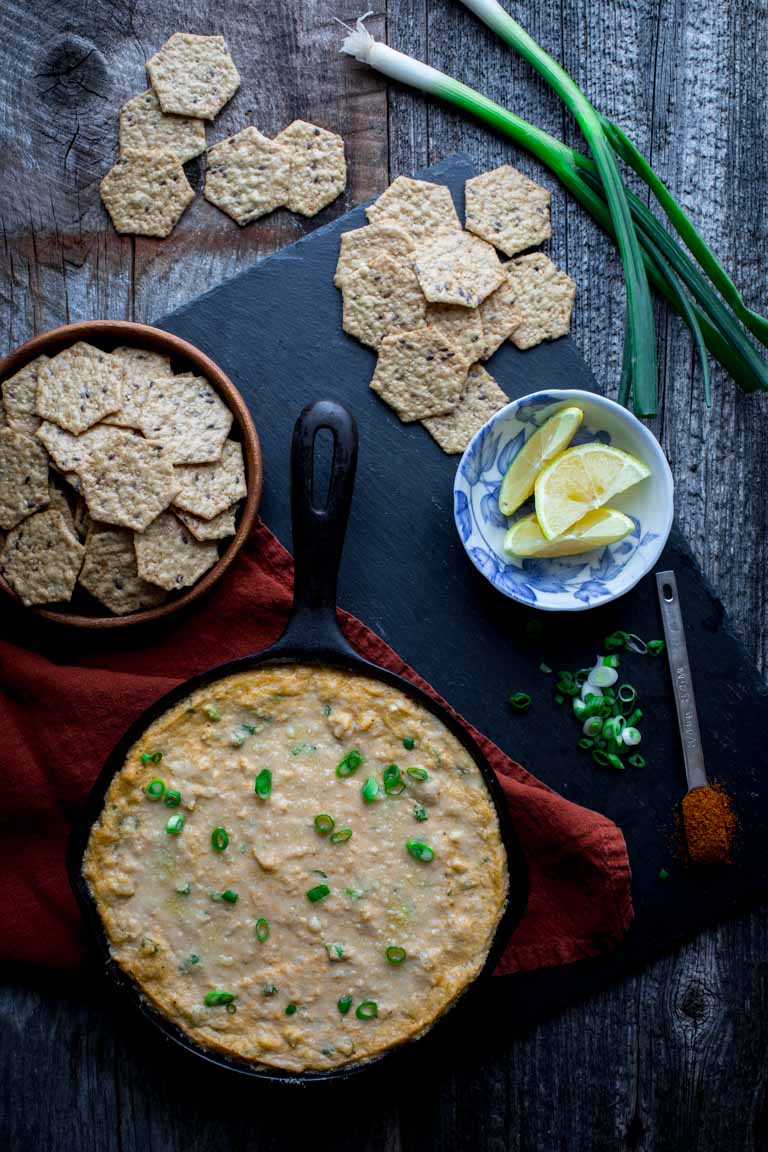 This spicy Healthier Hot Crab Dip is a fantastic (healthy) appetizer to share for game day! | Healthy Seasonal Recipes | Katie Webster | #glutenfree #appetizer #superbowl