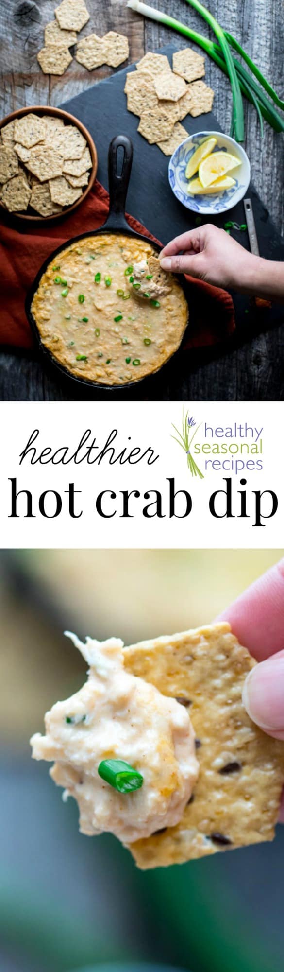 crab dip on a cracker and in a skillet with text
