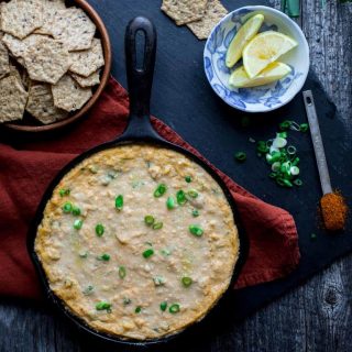 This spicy Healthier Hot Crab Dip is a fantastic (healthy) appetizer to share for game day! | Healthy Seasonal Recipes | Katie Webster | #glutenfree #appetizer #superbowl