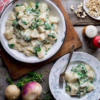 Turnips and greens with Cashew Cream- a one pot side-dish. It's naturally gluten-free, low carb and has a vegan option.  #vegan #lowcarb #keto #turnips #healthysidedish #easter