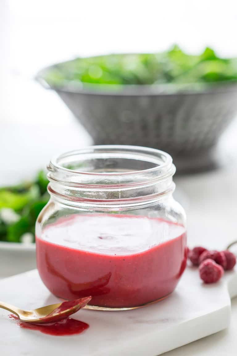 Raspberry Almond Vinaigrette | Healthy Seasonal Recipes #saladdressing #raspberry #kidfriendly #vinaigrette