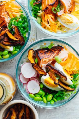 These Meal Prep Wasabi Glazed Salmon Power Salads are high protein, gluten-free and low carb and totally satisfying for a week of healthy lunches. #salmon #mealprep #glutenfree #highprotein