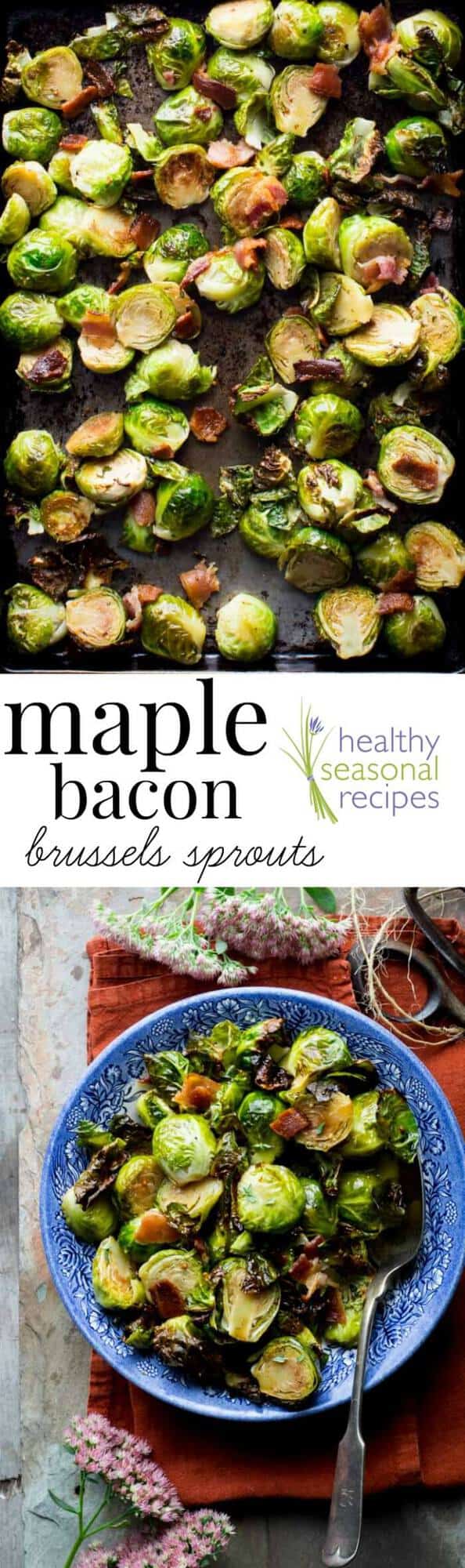collage of roasted Brussels with bacon and in a blue bowl
