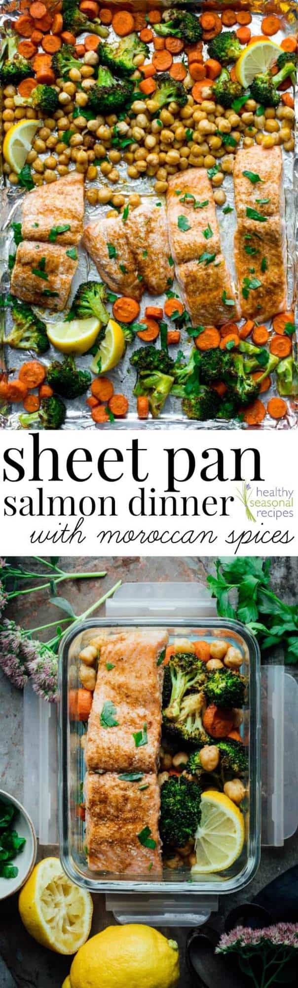 collage of salmon sheet pan with text