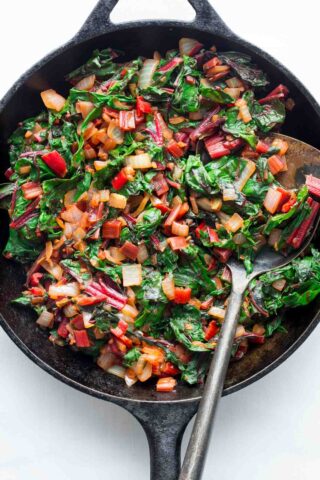 the sauteed chard in the skillet, close-up