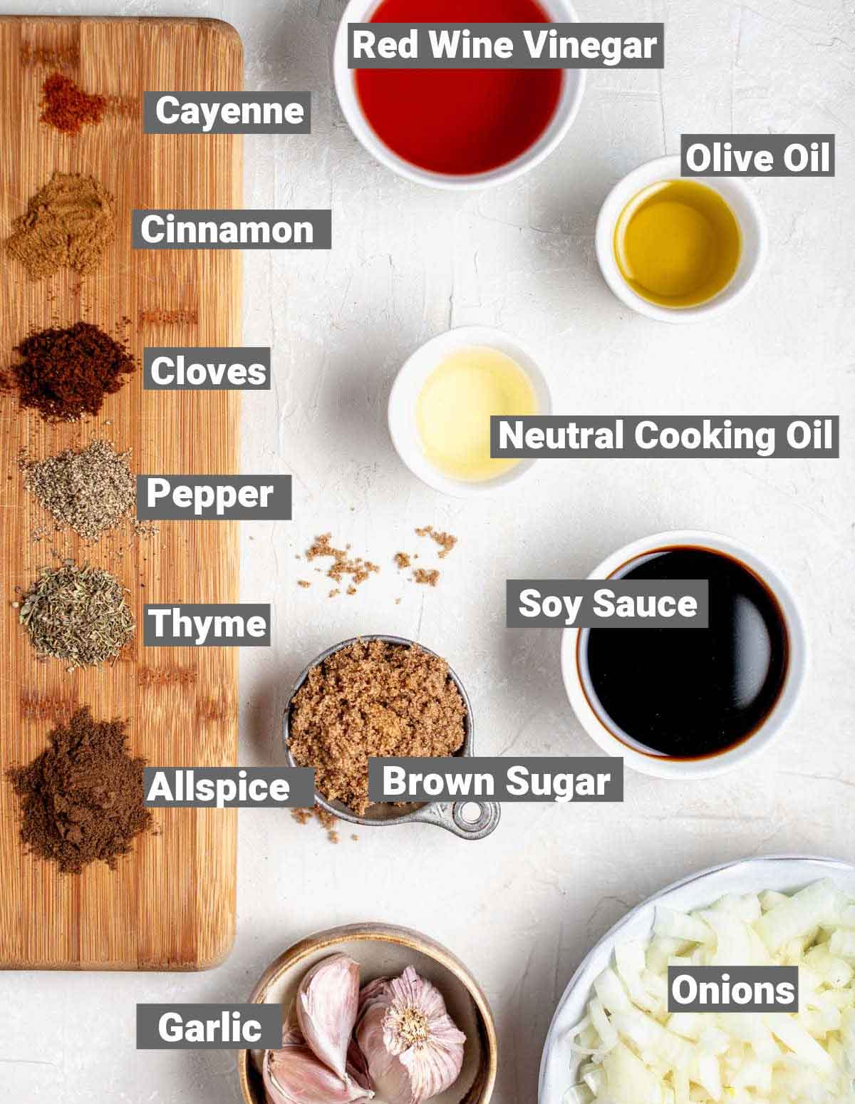 the spices and other ingredients on a white table with text overlay