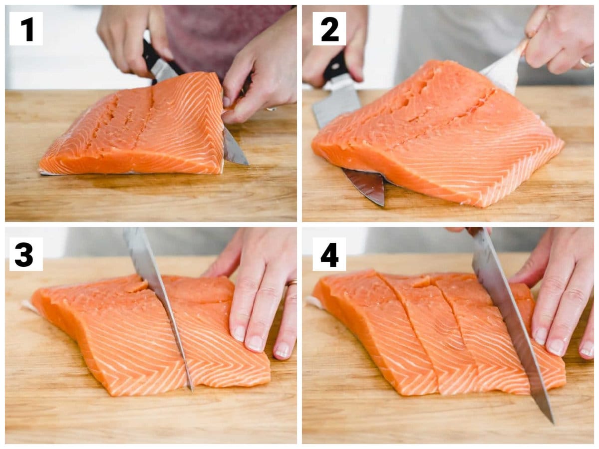 skinning salmon and cutting into portions