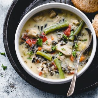Close up of chicken and wild rice soup