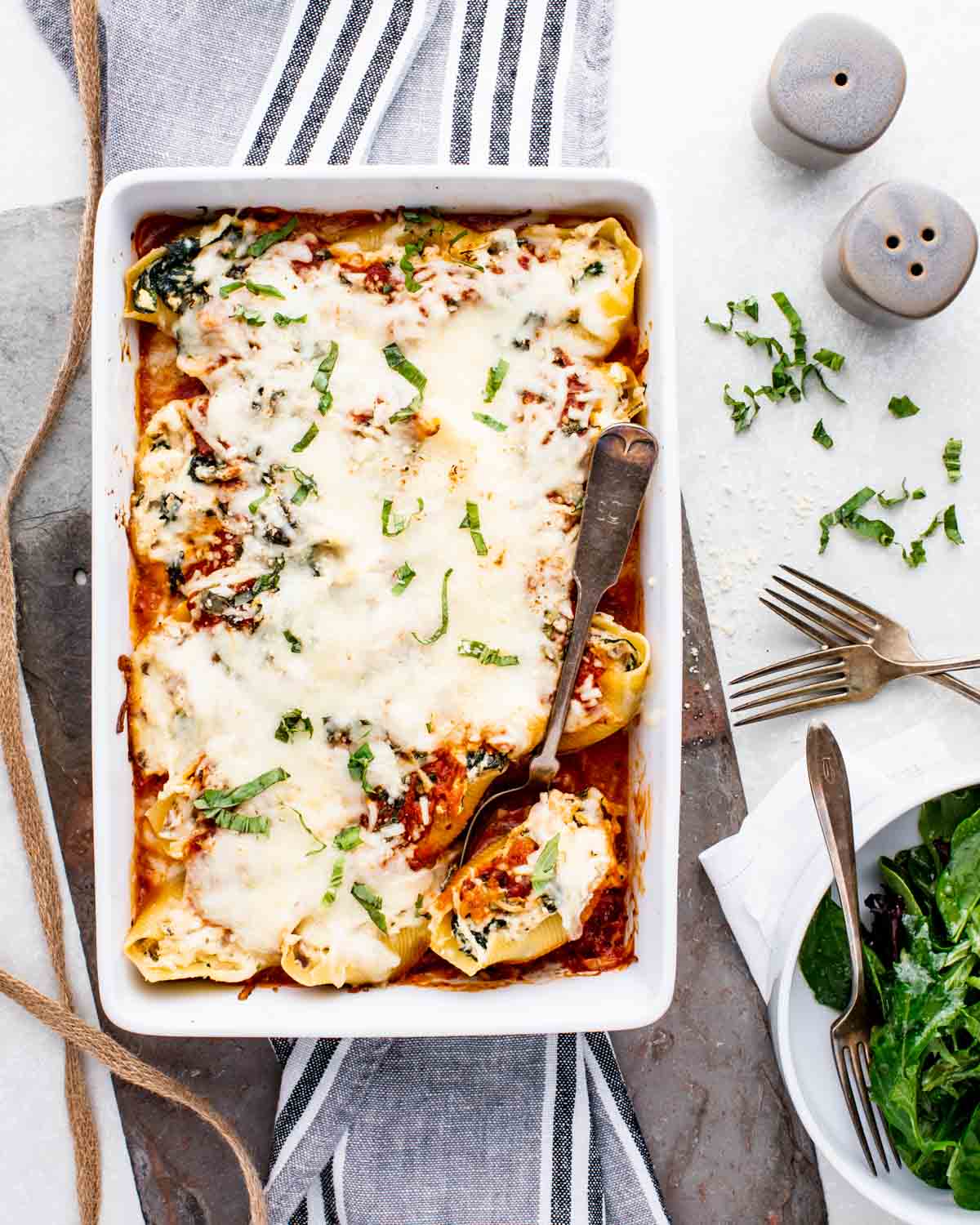 Vegetarian Stuffed Shells with Tofu and Spinach in a casserole dish