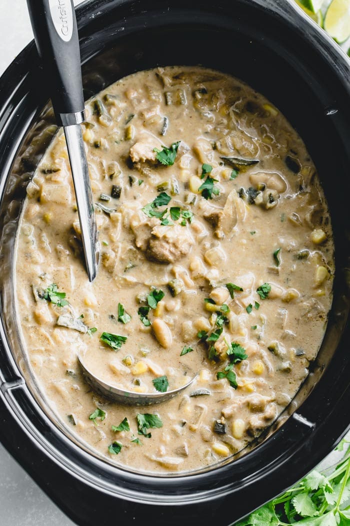 Crockpot with white chicken chili in it