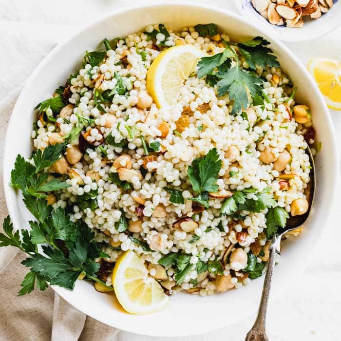 A bowl of food in a bowl, with Pearl couscous