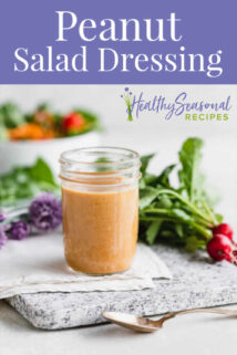 jar of peanut dressing with radishes and text overlay