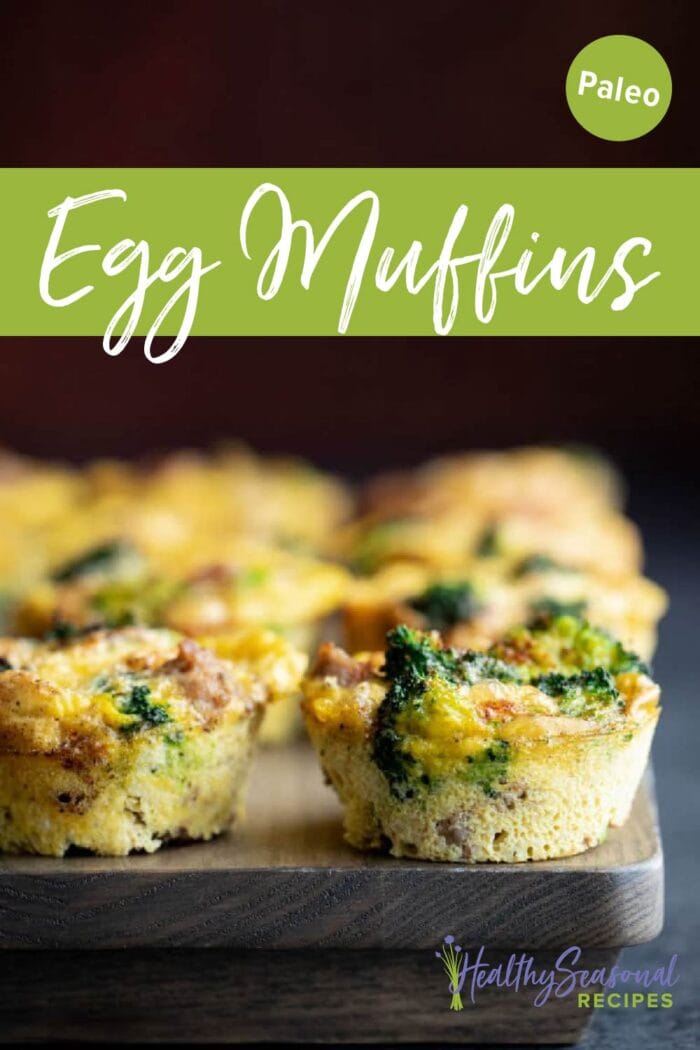 Egg muffins on a board with text overlay