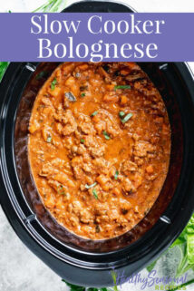 Overhead shot of a slow cooker filled with slow cooker turkey bolognese