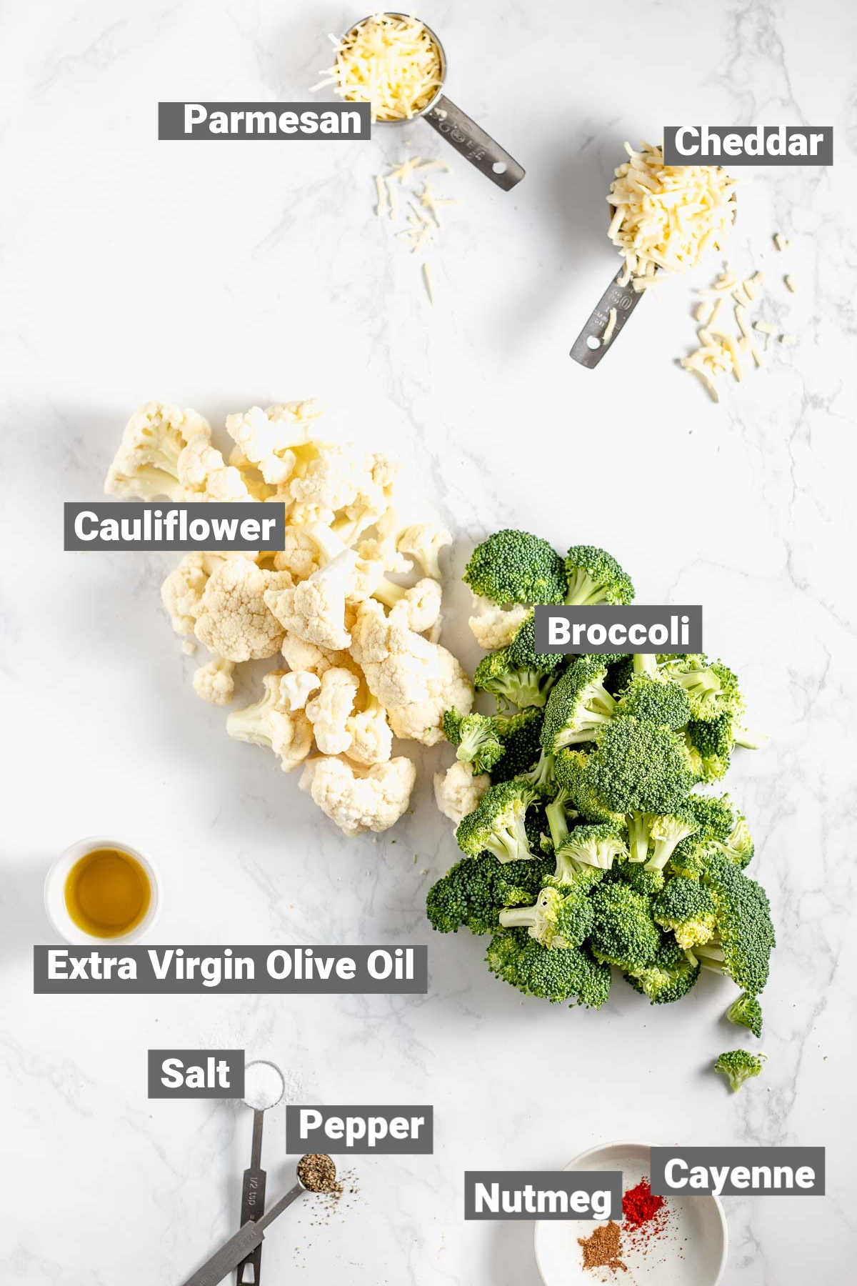 Roasted broccoli and cauliflower with cheese ingredients