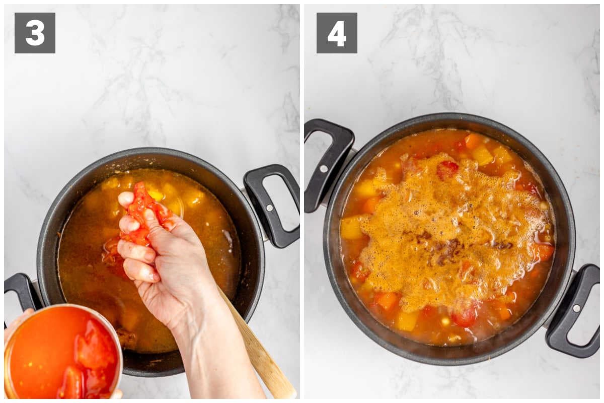 add the liquid ingredients (break up the tomatoes by hand) and then simmer