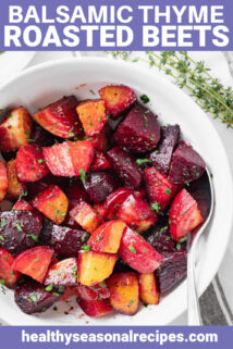 Roasted beets in a white bowl with text overlay