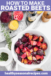 Roasted beets in a white bowl with text overlay