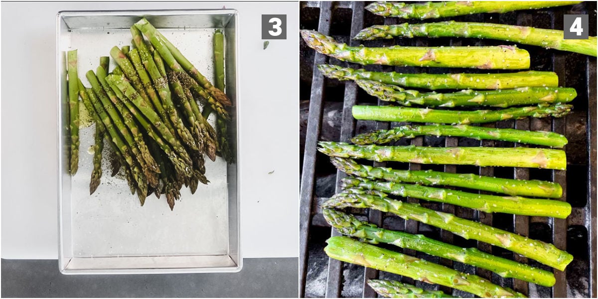 toss asparagus with oil, salt and pepper, grill across the grill grates