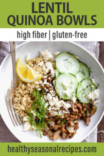 Lentil Quinoa Bowls with Coriander and Lemon text overlay