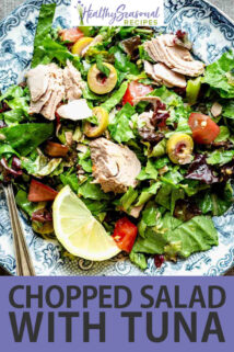 Chopped Salad with Tomatoes, Olives, and Tuna text overlay