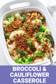 broccoli and cauliflower casserole in a white baking dish with text overlay