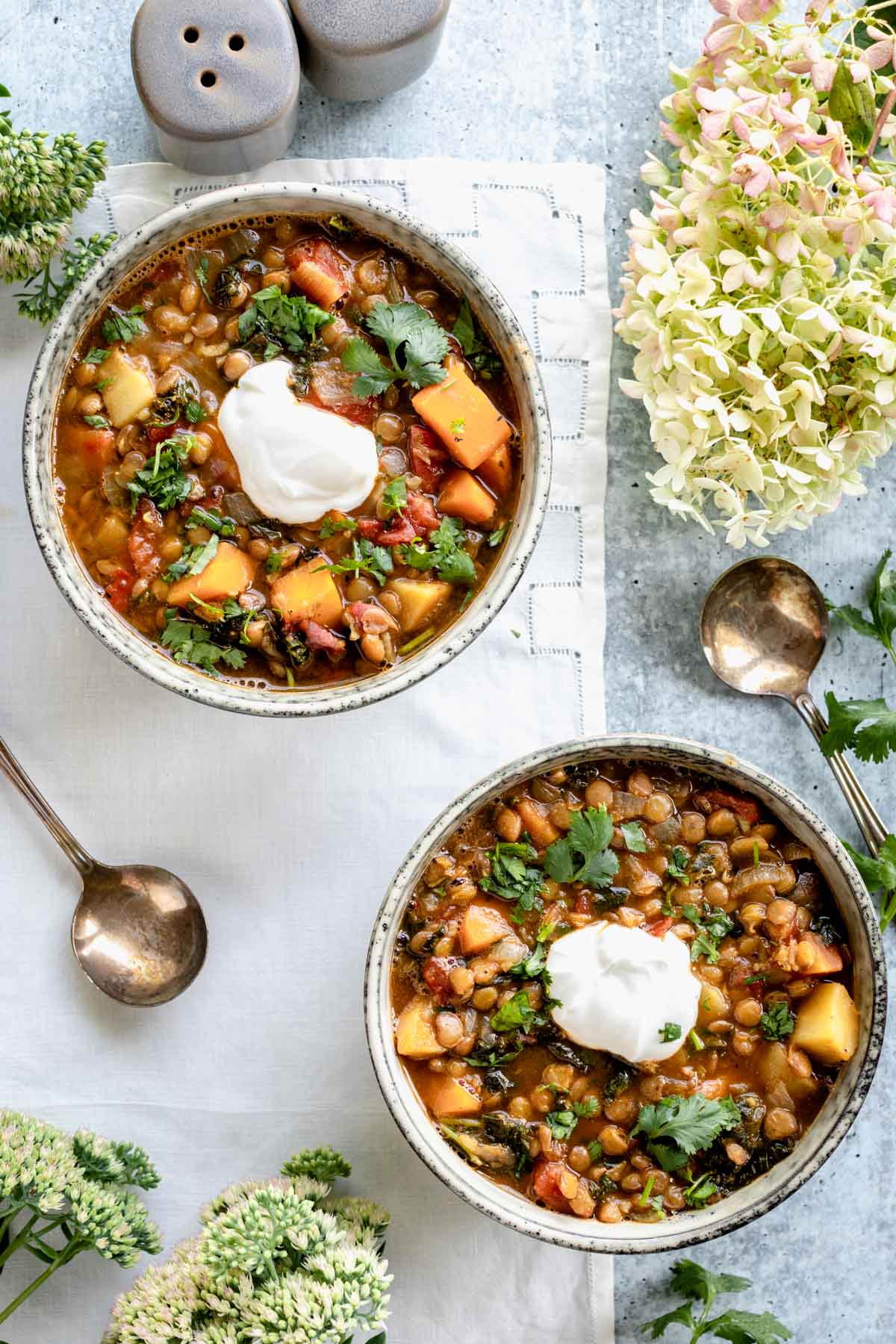 lentil soup in two bowls