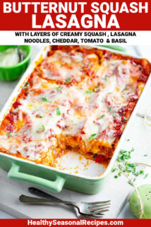 BUTTERNUT SQUASH LASAGNA IN A PAN WITH A PORTION REMOVED WITH TEXT OVERLAY