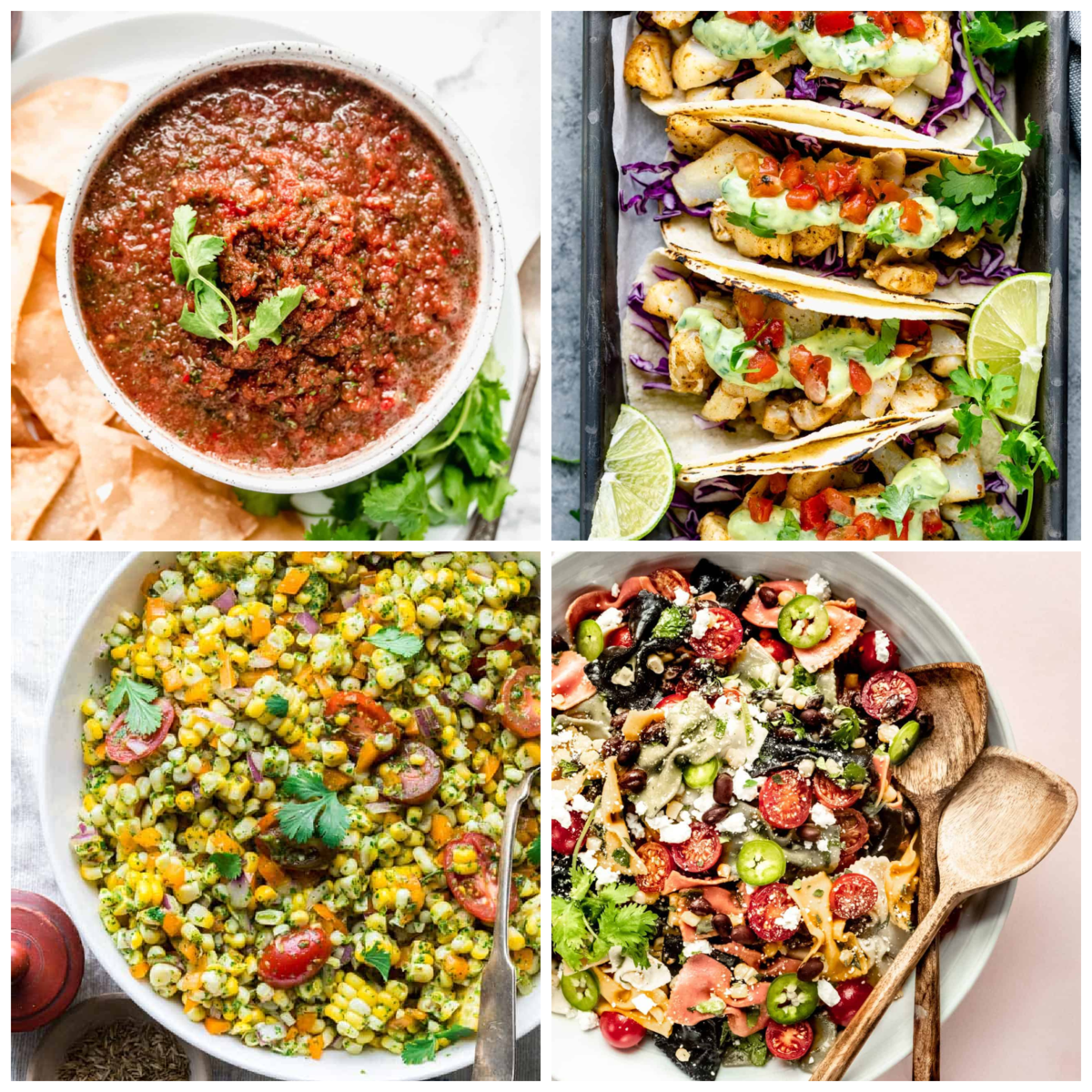 a collage of related recipes to try including fish tacos, salsa and corn salad 