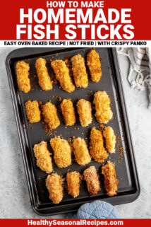 fish sticks on a pan with text overlay