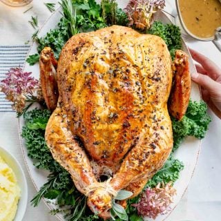 overhead view of the turkey on the platter