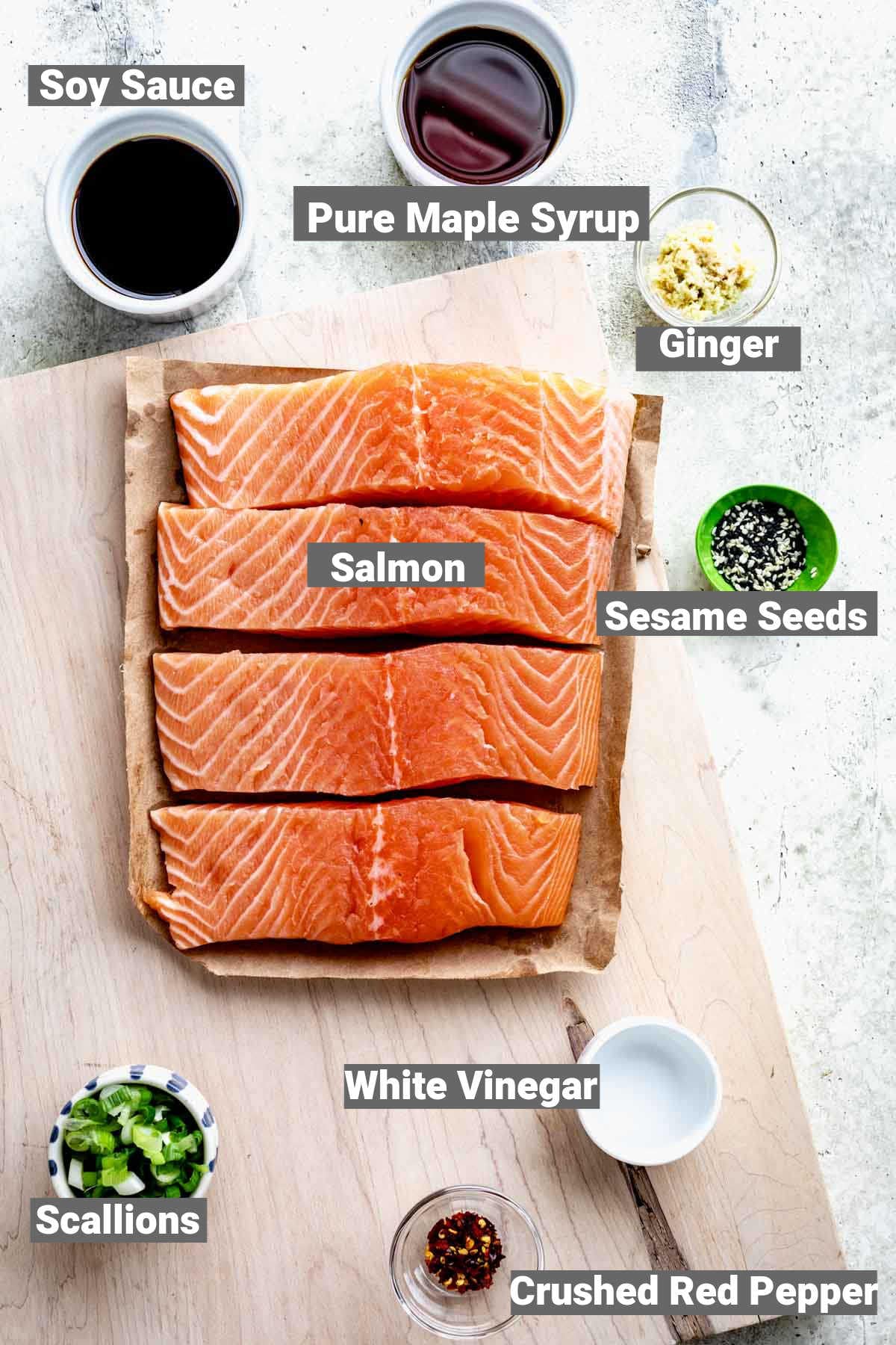 maple glazed salmon ingredients with text overlay