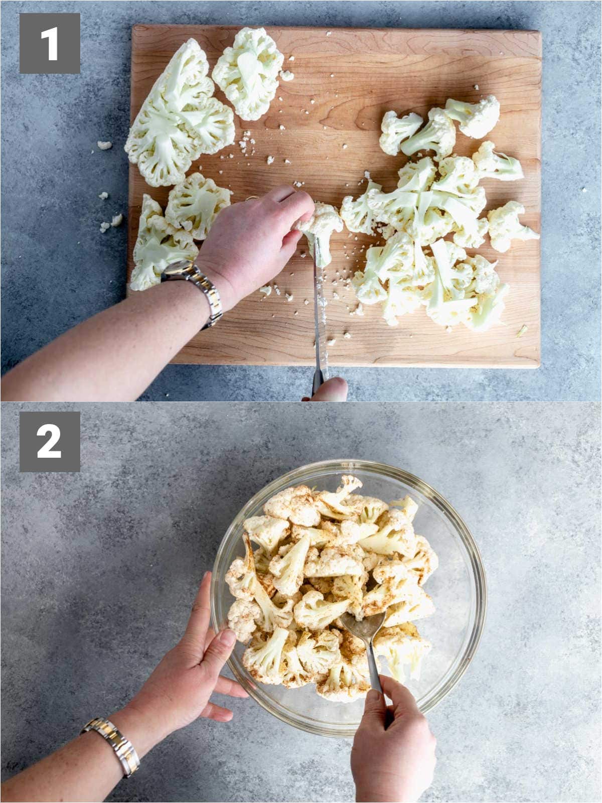 air fryer cauliflower steps 1 and 2